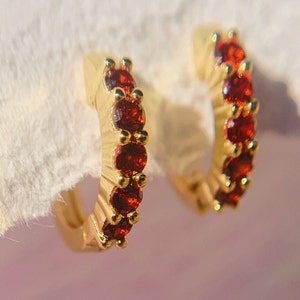 Garnet Huggie Hoop Earrings, Gold Garnet Hoops, Pave Cartilage hoops, small hoop, January birthstone earrings, gift for mom