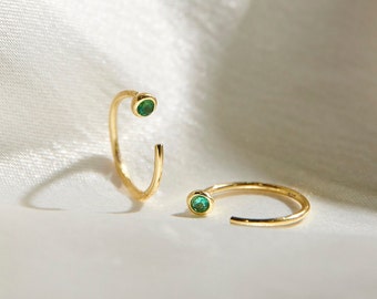 Emerald 14K Gold Open Huggie Hoop Earrings, Emerald Tiny Gold Hoops, Cartilage Hoops, Silver Open Emerald Hoops, Green Open Huggies For Her