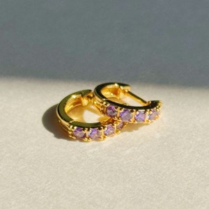 Amethyst Huggie Hoop Earrings, February Birthstone Hoops, Purple Gemstone 14k Gold Plated Earrings, Birthday Gifts for her
