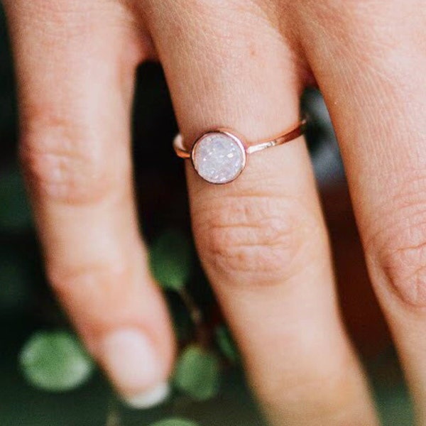 White Druzy Ring, Druzy Stone Ring, Sterling Silver Druzy Ring, Adjustable Druzy Ring, Druzy Agate Ring, Drusy rose gold ring