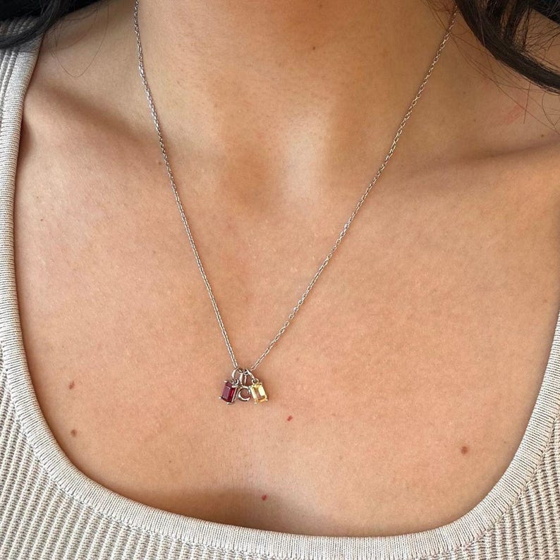 Sterling Silver Initial Birthstone Charm Necklace: Personalized Family Necklace