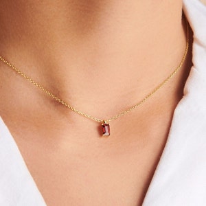 Tiny Garnet Baguette Necklace, Dainty January Birthstone 14K Gold Filled Pendant Necklace, Garnet Layering Necklace, Christmas Gift For Her
