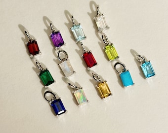 Add on Baguette Cut Authentic Silver Birthstone Charms, Small Personalized Natural Gemstones Charms For Necklaces or Bracelets