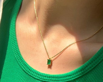 Dainty Green Emerald Baguette Necklace, May Birthstone 14K Gold Filled Pendant Gift For Her, Gemstone Layering Necklace, Christmas Gifts