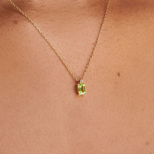 Tiny Peridot Baguette Necklace, August Birthstone Pendant 14K Gold Filled Necklace over Sterling Silver, Christmas Gift For Her