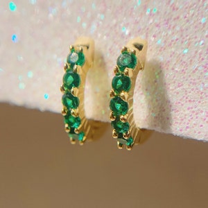 Tiny Emerald Hoop Earrings, May Birthstone Huggies, Green Gemstone 14k Gold Plated Earrings, Birthday Gifts for her