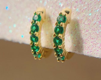 Emerald Paved Huggie Hoop 14K Gold Earrings For Her, May Birthstone Huggie Hoops, Cartilage Hoop Minimalist Earrings, Green Gemstone Hoops