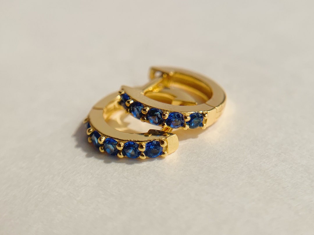 Tiny Sapphire Pave Huggie Hoop Earrings, Gold Cartilage Earrings ...
