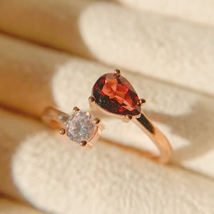Garnet Stacking Rose Gold Ring, Natural Garnet Two Stone Adjustable Ring, January Birthstone Ring, Garnet Open Ring image 1