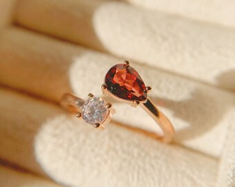 Garnet Stacking Rose Gold Ring, Natural Garnet Two Stone Adjustable Ring, January Birthstone Ring, Garnet Open Ring