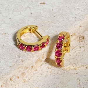 Ruby Huggie Hoop Earrings, July Birthstone Hoops, Red Gemstone 14k Gold Plated Earrings, Birthday Gifts for her