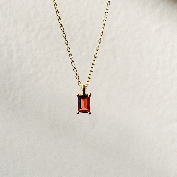 Tiny Garnet Baguette Necklace, January Birthstone 14k Gold Filled Pendant Necklace, Dainty Garnet Layering Necklace, Christmas Gifts for her