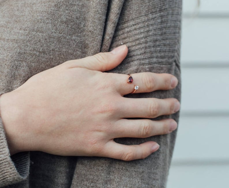 Garnet Stacking Rose Gold Ring, Natural Garnet Two Stone Adjustable Ring, January Birthstone Ring, Garnet Open Ring image 7