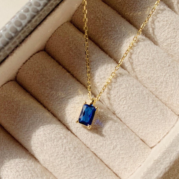 Tiny Blue Sapphire Baguette Necklace, September Birthstone 14K Gold Filled Necklace, Dainty Sapphire Necklace, Christmas Gifts for her