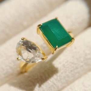 Toi et moi ring Double Stone Engagement Green Onyx and Topaz ring, 2 Stone Engagement Proposal Ring, Wedding Anniversary gift