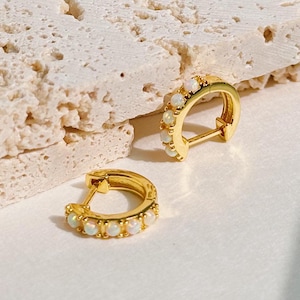 Small Opal Huggie Hoop Earrings, October Birthstone Hoops, Opal Gemstone 14k Gold Plated Earrings, Birthday Gifts for her