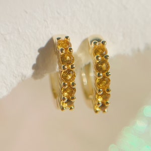 12mm Citrine Paved Huggie Hoop 14K Gold Earrings, November Birthstone Hoops, Cartilage Hoop Minimalist Earrings, Yellow Gemstone Hoops