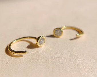 Moissanite 14K Gold Open Huggie Hoop Earrings, Moissanite Tiny Gold Hoops, Cartilage Hoops, Wedding open hoops for bridesmaid