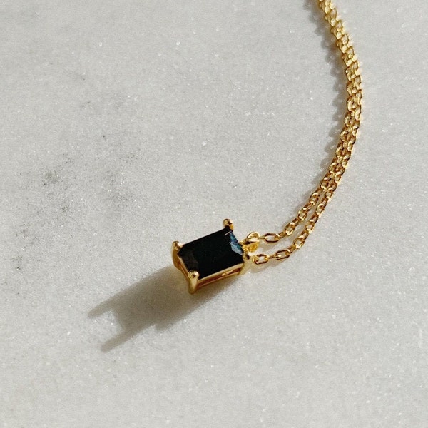 Tiny Black Onyx Baguette Gold Necklace, Black Gemstone Pendant, Gemstone Layered dainty necklace, Gold plated necklace, Mother's day gift