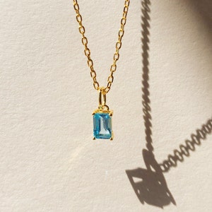 Dainty Blue Topaz Baguette Pendant Necklace, December Birthstone Necklace, 14K Gold Filled Dainty Topaz Necklace, Gifts for her