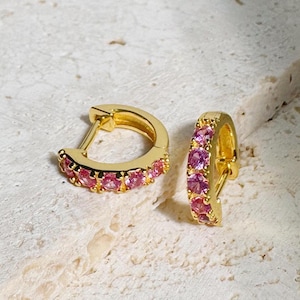 Pink Tourmaline Huggie Hoop Earrings: 14k Gold Plated Sterling Silver, October Birthstone
