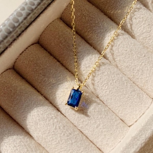 Tiny Blue Sapphire Necklace, September Birthstone 14K Gold Filled Necklace, Dainty Sapphire Baguette Necklace, Birthday Gifts for her