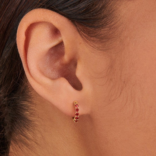 12mm Garnet Paved Cartilage Huggie Hoop Earrings in 14K Gold Over Sterling Silver, Small January Birthstone Hoops Gift For Her