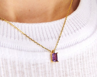 Tiny Amethyst Baguette Necklace, February Birthstone 14k Gold Filled Pendant Necklace, Purple Gemstone Layered dainty necklace For Her