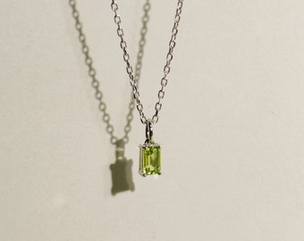 Tiny Peridot Baguette Silver Necklace, August Birthstone Sterling Silver Pendant, Dainty Peridot Pendant Necklace For Her