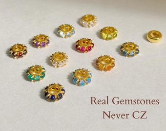 Birthstone Bead Spacer Charm: 14k Gold, Sterling Silver, Gemstone Rondelle