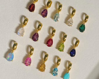 Teardrop Birthstone Charm: 14k Gold Plated Sterling Silver Gemstone Pendant