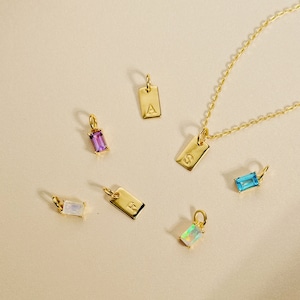 May include: A gold chain necklace with a variety of charms, including a purple gemstone, a blue gemstone, a white gemstone, and three gold charms with the letters A, S, and E.