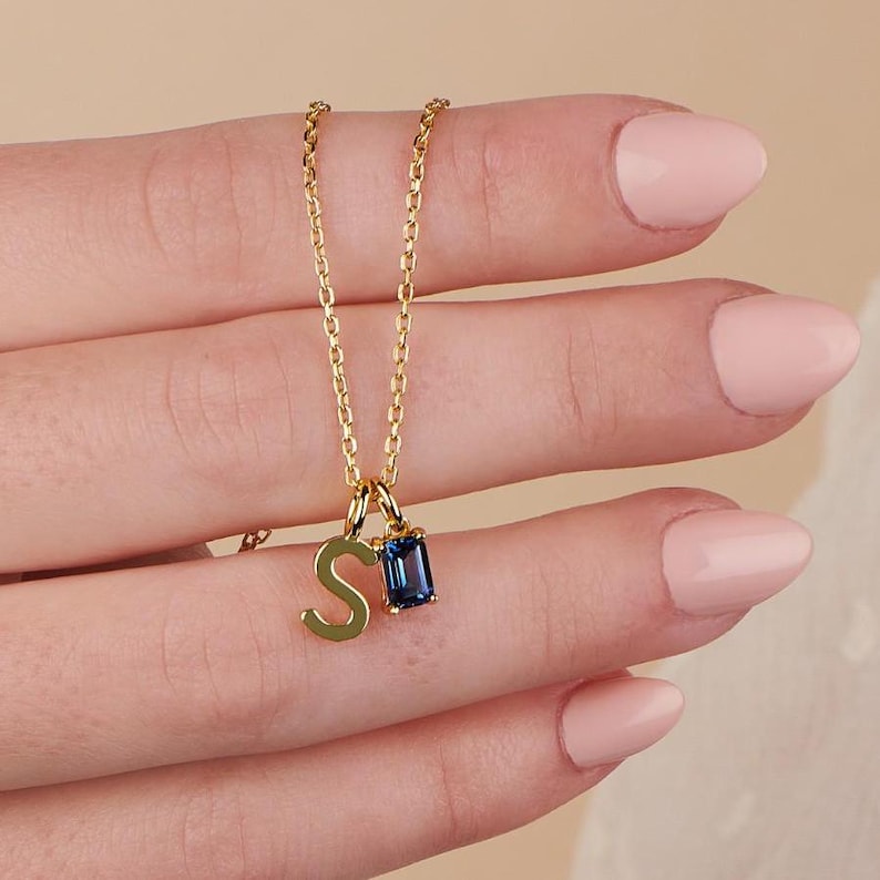 Sterling Silver Initial Birthstone Charm Necklace: Personalized Family Necklace