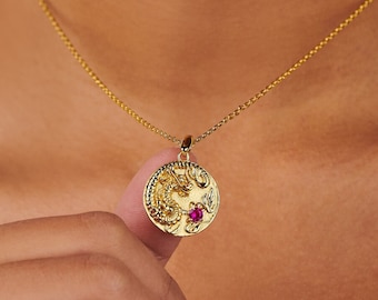 Chinese Dragon Ruby Coin Necklace, Year of the Dragon Pendant Necklace with Ruby Stone, Lunar New Year Personalized Gift