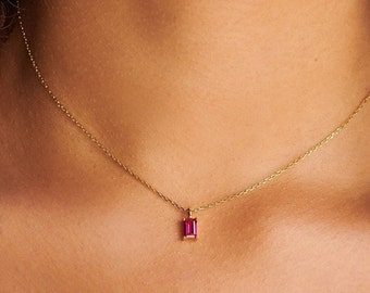 Tiny Ruby Baguette Necklace: 14K Gold Filled July Birthstone Pendant