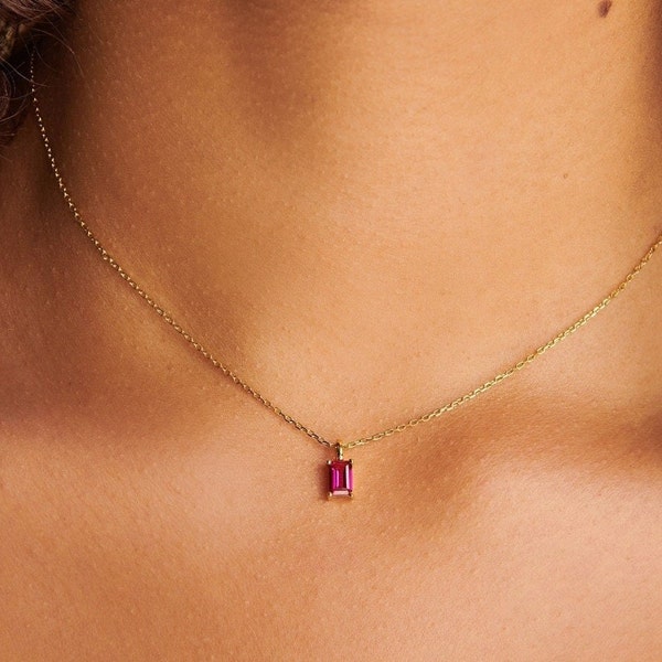 Tiny Ruby Baguette Necklace, July Birthstone 14K Gold Plated Necklace for Her, Small Ruby Pendant Necklace for Christmas Gifts
