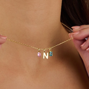 Sterling Silver Initial Birthstone Charm Necklace: Personalized Family Necklace