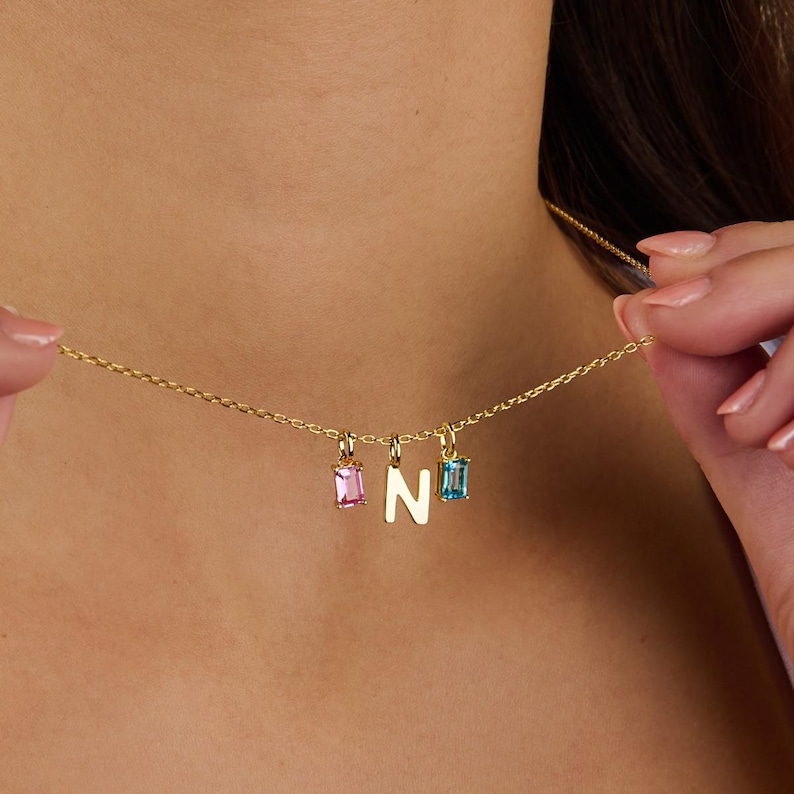 Sterling Silver Initial Birthstone Charm Necklace: Personalized Family Necklace