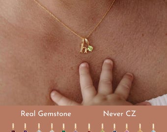 Kids Birthstone Necklace with Initial: Personalized Family Necklace, 14k Gold Plated, Mother's Day Gift