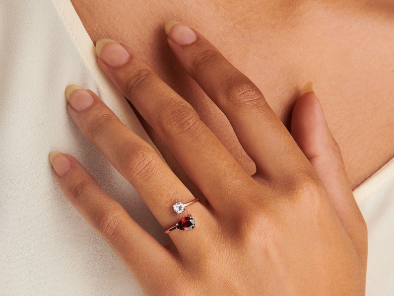 Garnet Stacking Rose Gold Ring, Natural Garnet Two Stone Adjustable Ring, January Birthstone Ring, Garnet Open Ring image 2