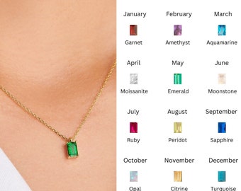 Green Emerald Baguette Necklace, May Birthstone 14k Gold Plated Pendant Necklace, Tiny Emerald Layering Necklace, Christmas Gift For Her