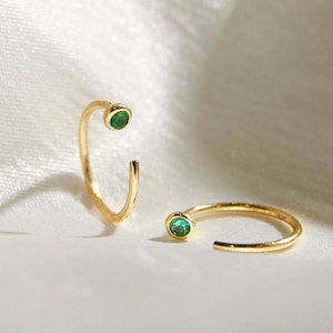 Emerald 14K Gold Open Huggie Hoop Earrings, Emerald Tiny Gold Hoops, Cartilage Hoops, Silver Open Emerald Hoops, Green Open Huggies For Her