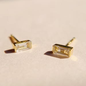 Tiny Moissanite Baguette Stud Earrings: Gold Plated Sterling Silver