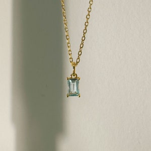 Tiny Aquamarine Necklace, March Birthstone 14k Gold Filled Necklace, Aquamarine Baguette Layered Pendant, Christmas gift for her