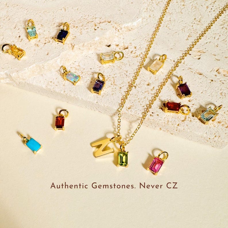 Sterling Silver Initial Birthstone Charm Necklace: Personalized Family Necklace