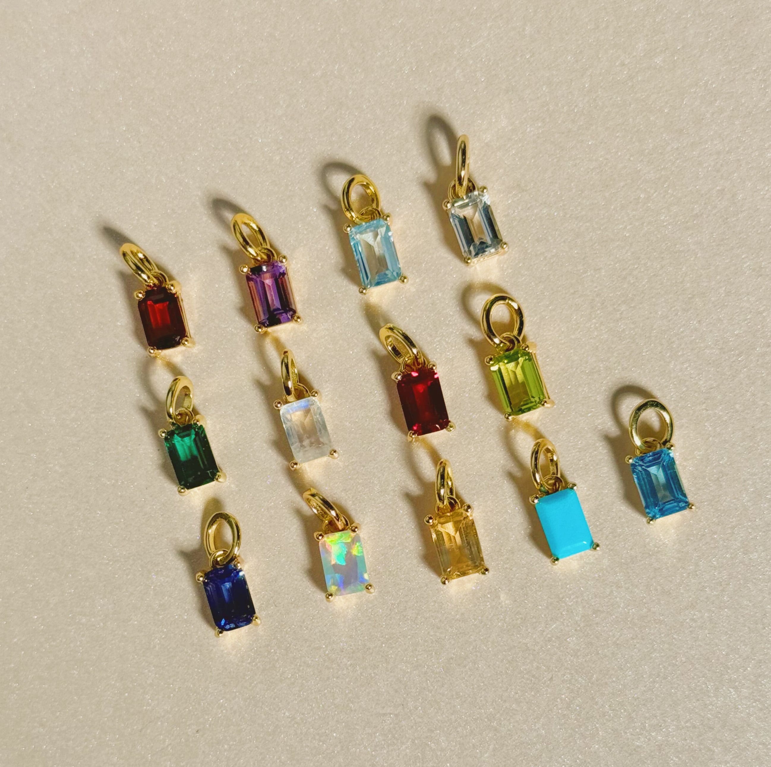 Baguette Birthstone Charm: 14k Gold Plated Sterling Silver Gemstone