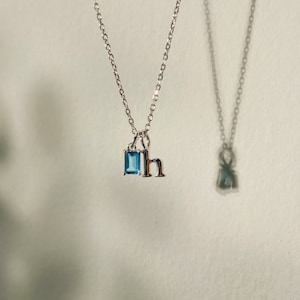 Birthstone Initial Necklace: Dainty Personalized Sterling Silver Necklace, Baguette Charm