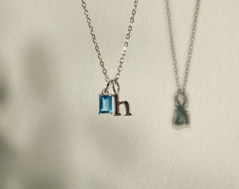 Birthstone Initial Charm Necklace, 925 Sterling Silver Personalized Letter and Birthstone Necklace for Mom, Mothers Day Gift