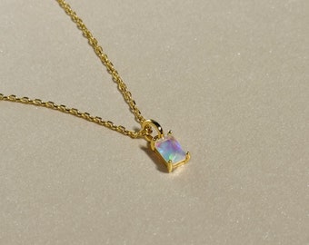 Tiny Blue Opal Baguette Pendant Necklace, Small October Birthstone 14k Gold Plated Minimalist Necklace, Christmas Gifts for her