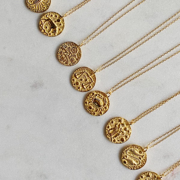 Gold Zodiac Necklace, Zodiac Coin Necklace, Celestial necklace, birthday Jewelry, Simple Coin necklace, Libra scorpio sagittarius Capricorn